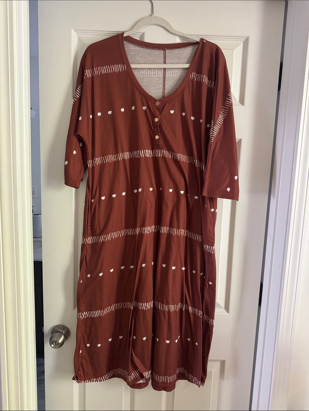 Postpartum Dress-Rust Button-Front Womens Dress with Subtle Stripe Detail- S